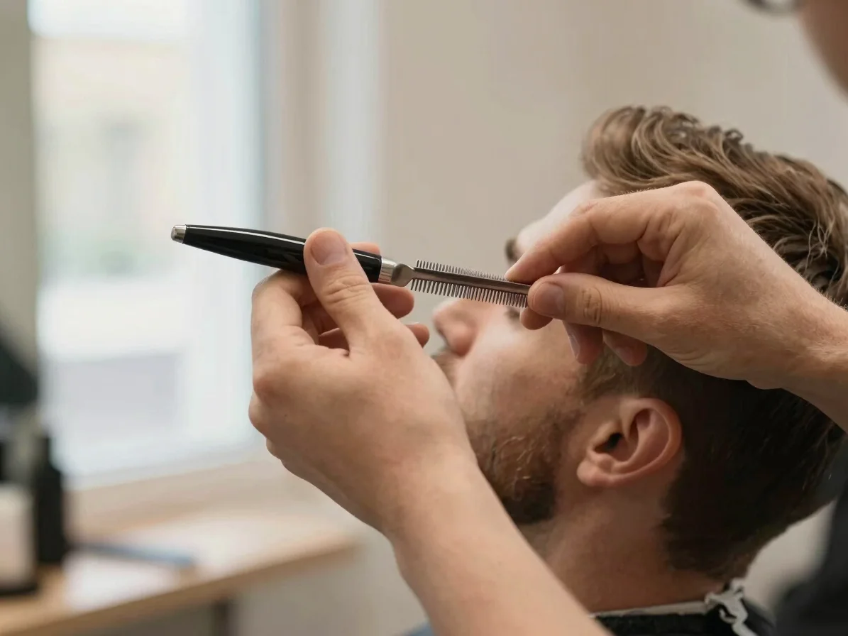 Close view of a stylist's hands and tools in use during a beard t