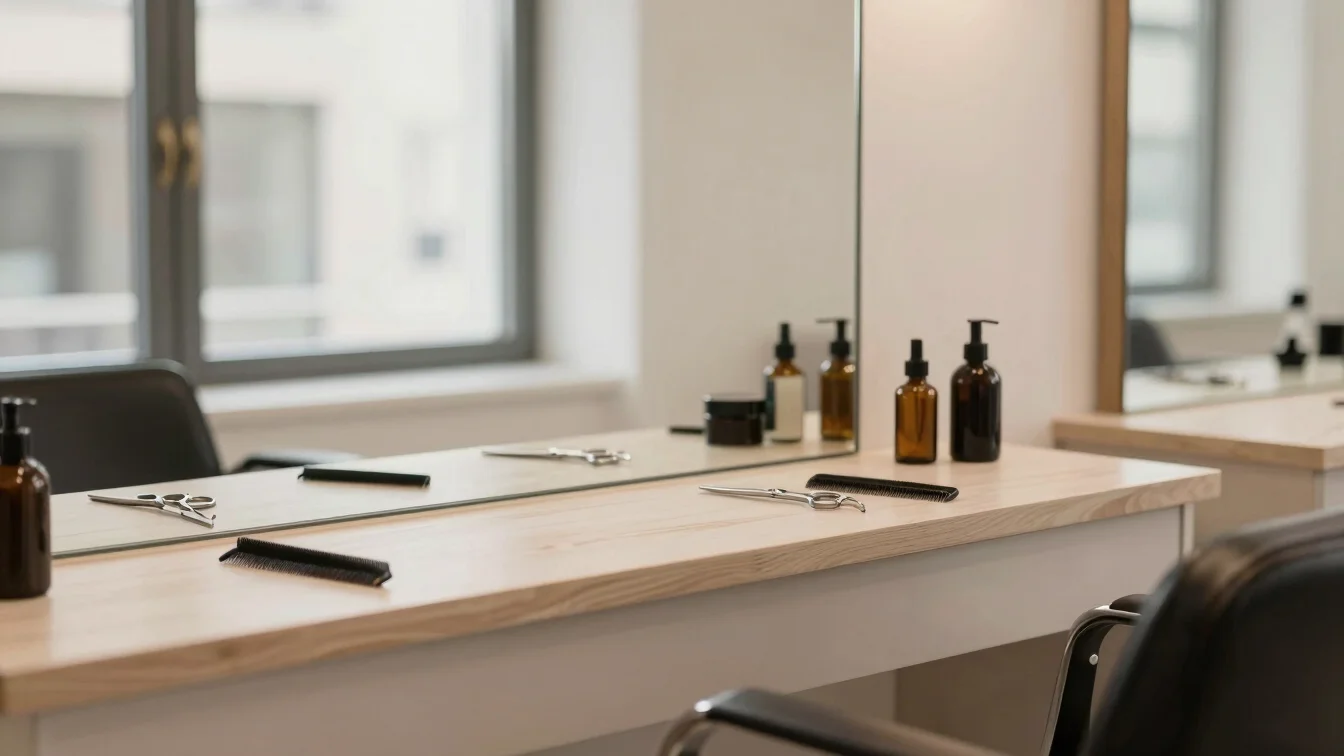 Editorial salon photography, soft window light, warm neutral tone