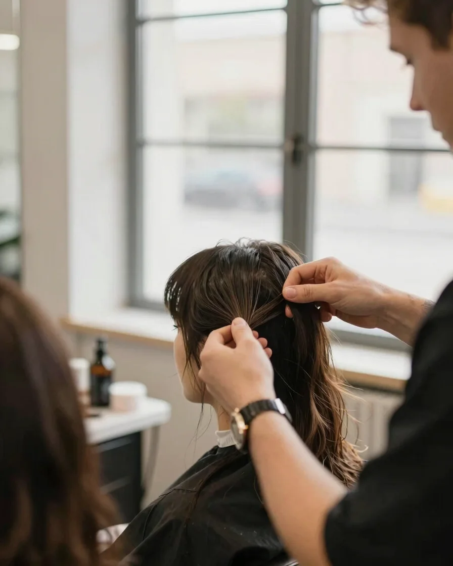 Editorial salon photograph, soft window light, warm neutral tones: a stylist's hands sectioning and styling a client's h